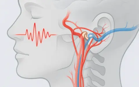 Pulssynchroner Tinnitus durch Nackenverspannung: Rote Wellen zeigen den Puls nahe dem Ohr, wo Blutgefäße und ein Gelenk dargestellt sind.