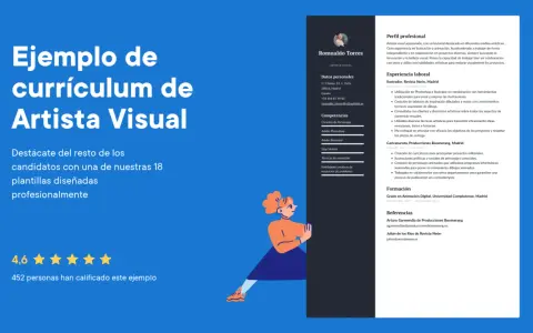 Ejemplo de currículum de artista visual. Muestra la experiencia, competencias y formación de Romualdo Torres, un artista visual con pasión por la ilustración y animación.