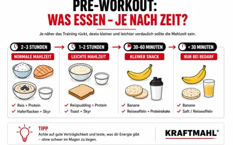 Pre-Workout-Mahlzeiten: Reis, Haferflocken, Bananen, Reiswaffeln – je nach Zeit vor dem Training.