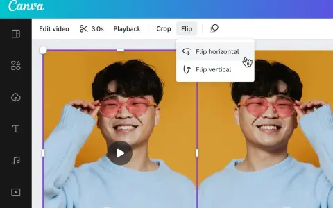 Wybór opcji "Flip horizontal" tworzy odbicie lustrzane mężczyzny w okularach w kształcie serc.