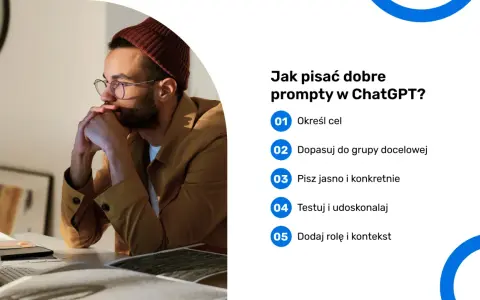 Mężczyzna w okularach i czapce myśli nad tym, jak pisać dobre prompty w ChatGPT. Lista podpowiada: określ cel, dopasuj do grupy docelowej, pisz jasno i konkretnie.
