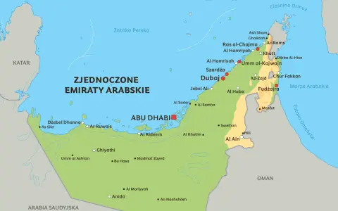Mapa Zjednoczonych Emiratów Arabskich z zaznaczonymi miastami jak Dubaj, Abu Zabi, Szardża i Al Ain.