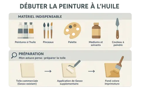 Guide pour débuter la peinture à l'huile : matériel indispensable et étapes de préparation de la toile pour un bon processus peinture.