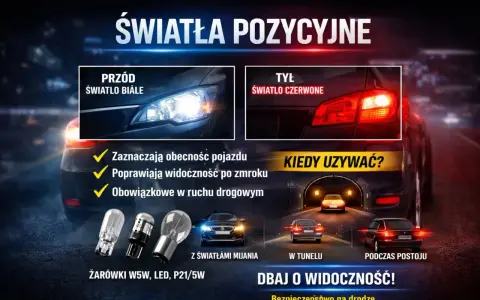 Światła postojowe: białe z przodu, czerwone z tyłu. Zwiększają widoczność i bezpieczeństwo na drodze, szczególnie po zmroku i w tunelu.