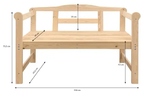 Drewniana ławka ogrodowa: wysokość 73,5 cm, szerokość 118 cm, głębokość siedziska 38 cm. Wymiary ławki ogrodowej są kluczowe.