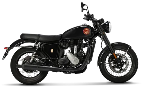 Stylowy, czarny motocykl BSA z klasycznym logo na baku. Idealny na weekendowe wypady.