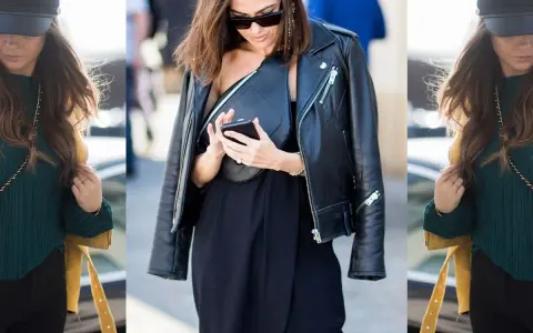 Donna con giacca in pelle, cappello e borsa a tracolla, look casual chic.