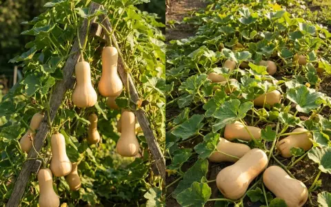 Butternuts grimpent sur un treillage et s'étalent au sol. Idéal pour savoir où planter le butternut dans le potager pour une récolte abondante.