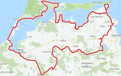 Mapa z zaznaczonymi trasami rowerowymi w Niemczech, wiodącymi przez malownicze wybrzeże i park narodowy.
