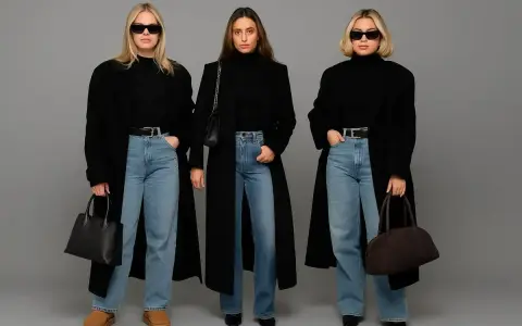 Trzy kobiety w czarnych, obszernych płaszczach i jeansach. Modny styl oversize.