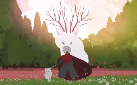 Una figura con capa roja y un lobo blanco caminan por un campo de flores. Detrás, un lobo gigante con astas de árbol observa. No es un juego, es una aventura.