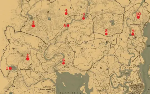 Mapa de Red Dead Redemption 2 con 10 puntos marcados, indicando ubicaciones de rocas talladas rdr2.