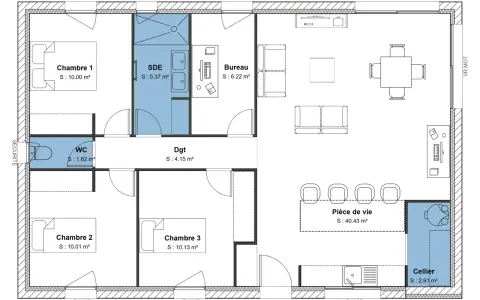Plan d'une maison 90m2 avec 3 chambres, un bureau, une pièce de vie spacieuse, SDE, WC et cellier.
