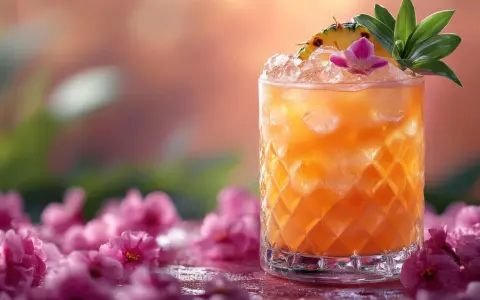 Orzeźwiający drink Bahama Mama z ananasem i kwiatkiem, otoczony różowymi kwiatami.