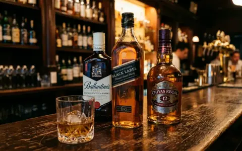 Trzy butelki blended whisky: Ballantine's, Johnnie Walker Black Label i Chivas Regal 12, stoją na barze obok szklanki z whisky i lodem.