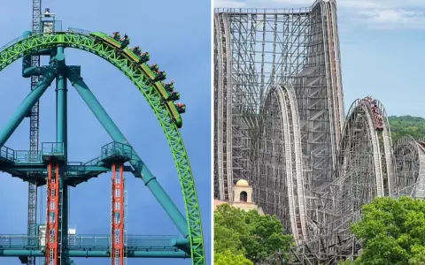 Zielona kolejka górska Kingda Ka i drewniana konstrukcja innej kolejki.