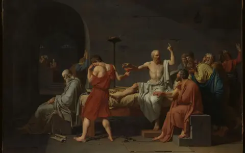 La muerte de Sócrates, obra neoclásica, muestra al filósofo bebiendo cicuta rodeado de discípulos.