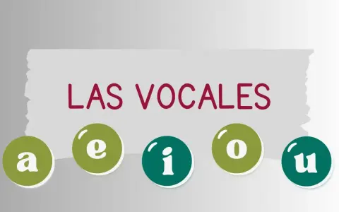 Las vocales a, e, i, o, u en círculos de colores, listas para la lectura.
