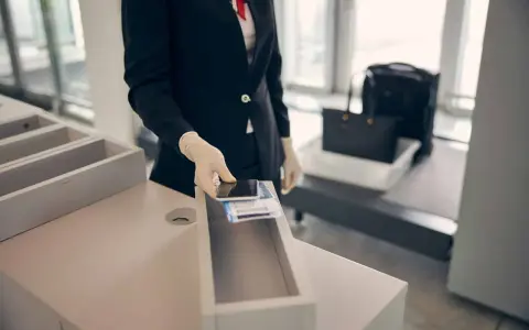 Pracownik lotniska w rękawiczkach kładzie telefon i karty pokładowe do pojemnika. W tle widać bagaż na taśmie. Zapalniczka w samolocie jest zabroniona.
