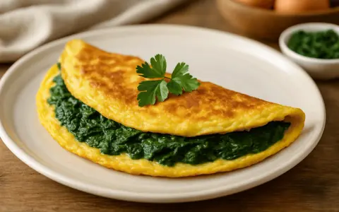 Złocisty omlet ze szpinakiem, udekorowany natką pietruszki, czeka na talerzu.