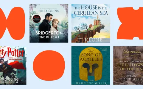 Kolekcja audiobooków po angielsku z tekstem: "Bridgerton", "The House in the Cerulean Sea", "Harry Potter", "The Song of Achilles", "The Lord of the Rings".