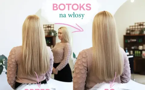 Przed i po zabiegu botoksu na włosy. Włosy przed są lekko falowane, po zabiegu proste i lśniące.