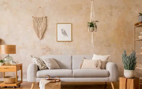 Gemütliches Wohnzimmer mit beiger Wischtechnik Wand, Sofa, Makramee-Deko und Pflanzen.