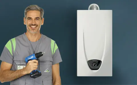 Installazione scaldabagno a gas normativa: un artigiano sorridente con trapano pronto per il lavoro, accanto a un nuovo scaldabagno.