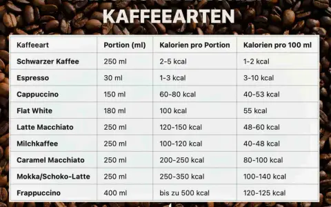 Tabelle zeigt Kaffeearten und Kalorien. Espresso hat nur 1-3 kcal pro Portion.