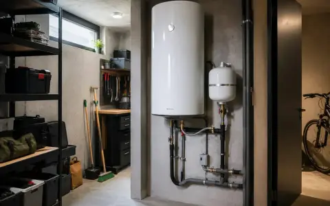 Un boiler bianco e un serbatoio di espansione, collegati da tubi, illustrano la differenza tra caldaia e scaldabagno in un locale tecnico.