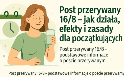 Kobieta z wodą, obok kalendarz z zegarem. Grafika wyjaśnia, na czym polega post przerywany 16/8.