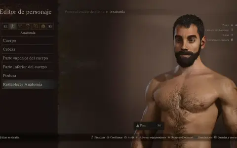Editor de personaje en Dragon's Dogma Online. Hombre con barba y torso musculoso, con opciones de anatomía y personalización.
