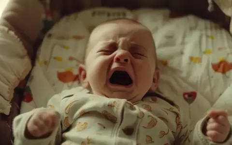 Malutkie dziecko w łóżeczku, z zamkniętymi oczami i otwartymi ustami, krzyczy. Widać jego zaciśnięte piąstki. Obraz sugeruje drgawki u dziecka.