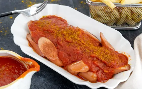 Currywurst mit Pommes und einer köstlichen Currysoße, die Lust auf das Currysoße Rezept macht.