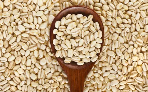 Kasza jęczmienna, widoczna na drewnianej łyżce i rozsypana wokół, zawiera gluten.