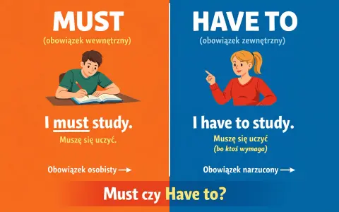 Chłopiec uczy się z własnej woli (must), dziewczynka uczy się, bo ktoś tego wymaga (have to).