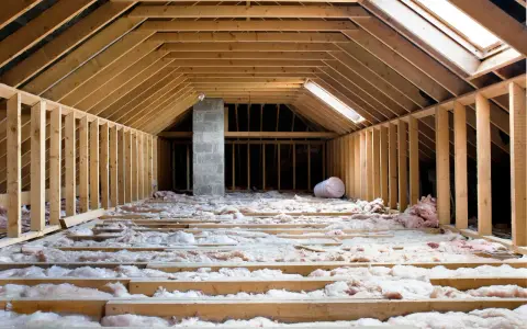 Aménagement de combles : pose de l'isolation thermique sur les solives en bois. Un rouleau d'isolant est visible.