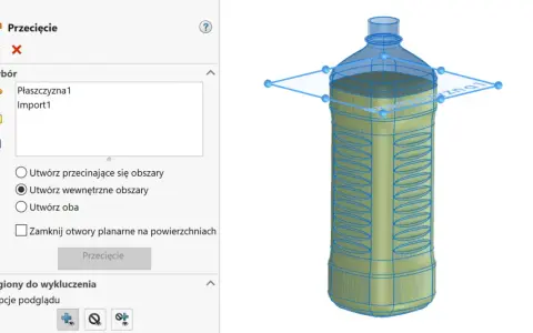 Model 3D butelki z zaznaczonym przekrojem i opcjami w panelu bocznym.