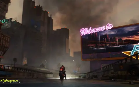 Motociclista en Night City, con rascacielos y un letrero de neón "Welcome to". Ideal para los requisitos de Cyberpunk 2077.