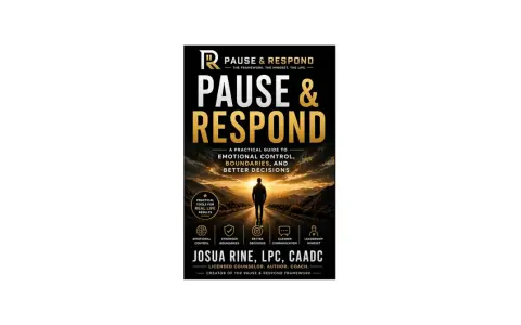 Book cover for "Pause & Respond," a guide to emotional control, featuring a silhouette of a person on a road leading to a sunset.