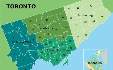 Kolorowa mapa Toronto podzielona na dzielnice, z zaznaczonymi obszarami Etobicoke York, North York, Scarborough i Toronto East York. W rogu mapa Kanady z zaznaczonym Toronto.