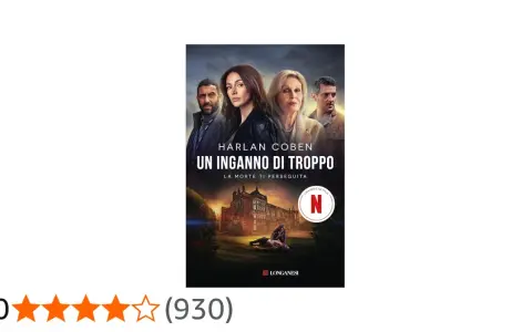 Copertina del libro "Un inganno di troppo" di Harlan Coben, con quattro volti misteriosi e un castello. La morte ti perseguita, ma forse è solo un inganno di troppo.