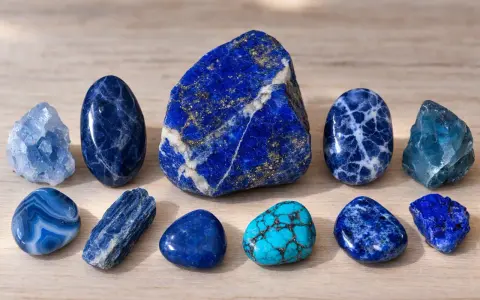 Collezione di pietre blu e turchesi. Il lapislazzuli, con le sue venature dorate, è noto per le sue proprietà spirituali e di guarigione.