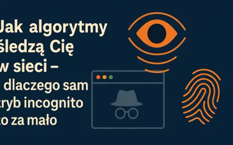 Jak algorytmy śledzą Cię w sieci – dlaczego sam tryb incognito to za mało. Grafika przedstawia oko, okno przeglądarki z symbolem detektywa i odcisk palca.