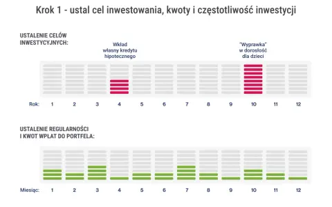 Wykresy pokazujące cele inwestycyjne (czerwone słupki) i regularność wpłat (zielone słupki).