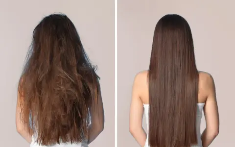 Prima e dopo: capelli disidratati e spenti trasformati in una chioma lucente e sana.