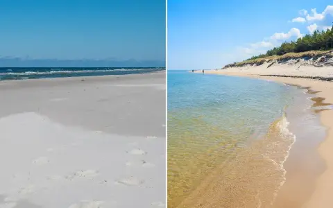 Plaża w Choczewie: piaszczyste wybrzeże Bałtyku z turkusową wodą i sosnowym lasem na wydmach.