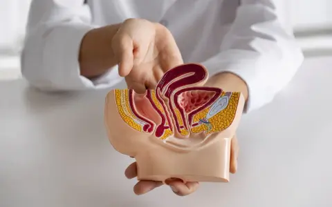 Model anatomiczny przedstawia narządy miednicy mniejszej, gdzie widoczny jest polip cewki moczowej.
