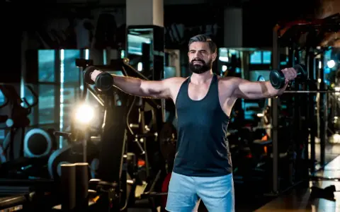 Mann mit Bart trainiert im Fitnessstudio, macht seitheben sitzend mit Hanteln.