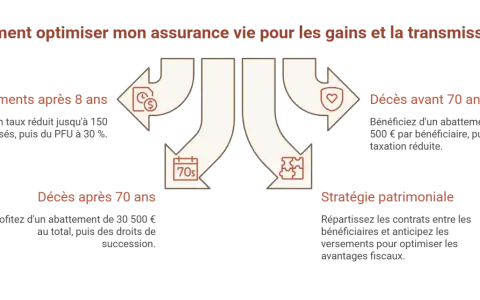 Schéma expliquant comment optimiser assurance vie : versements, décès avant/après 70 ans, stratégie patrimoniale.